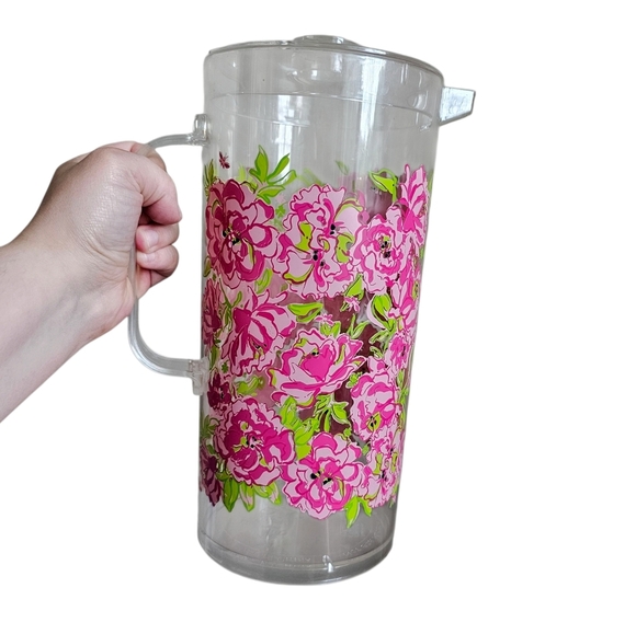 Lilly Pulitzer Floral Clear Acrylic Drink Pitcher 56 oz Pink Green Print - Picture 1 of 7